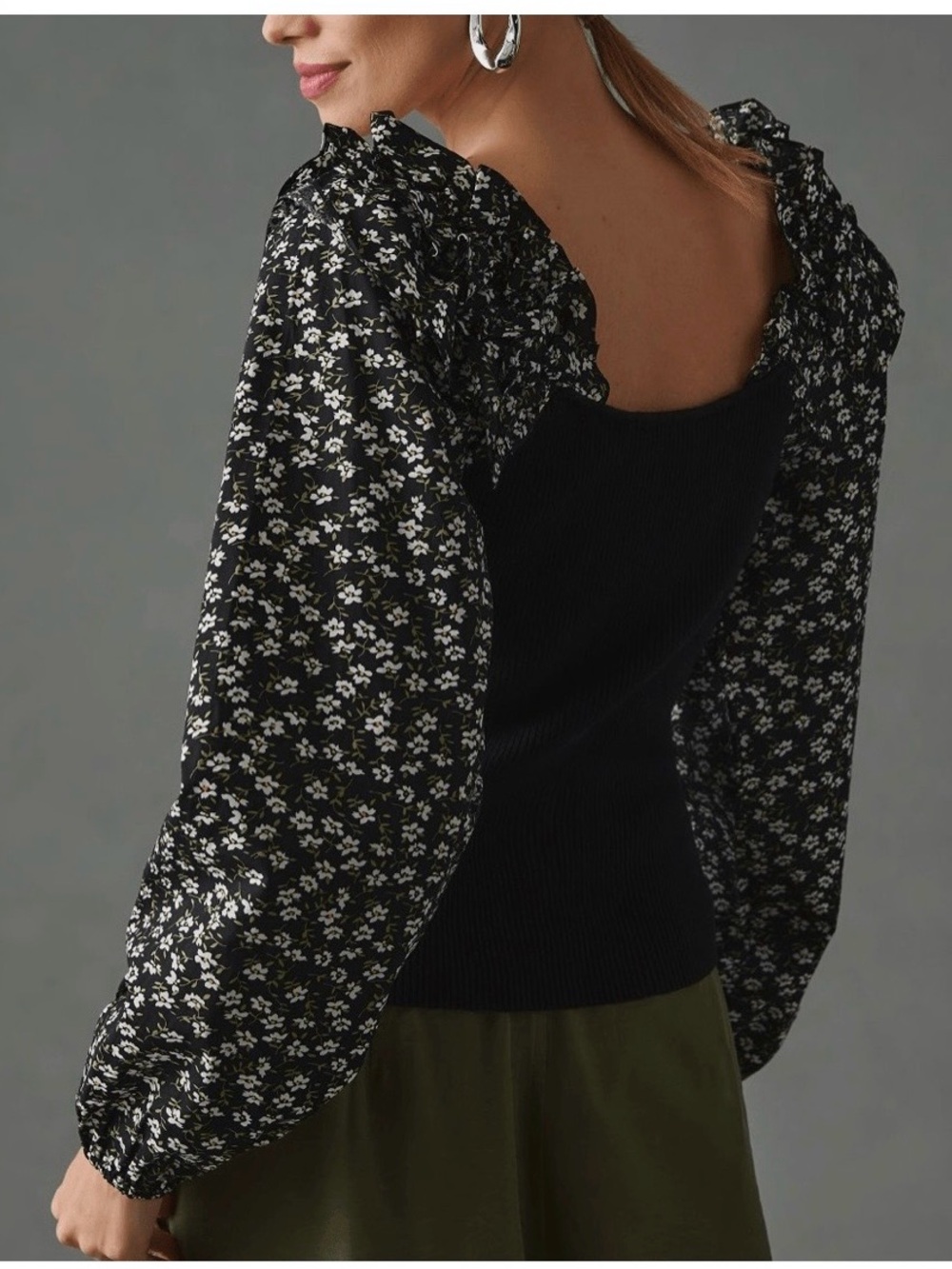 Anthropologie Black Knit Top with Floral Puff Sleeves Medium - Picture 2 of 7